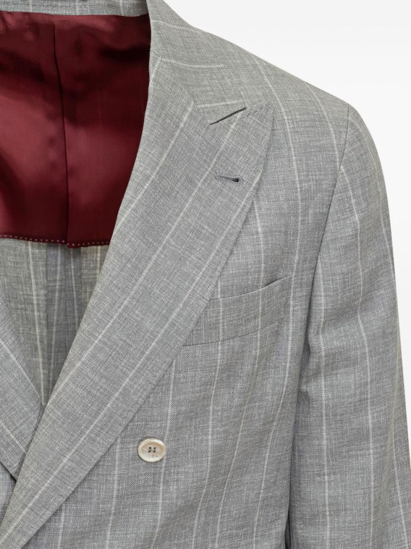 Brunello Cucinelli Double-Breasted Grey Blazer With Pinstripe Pattern