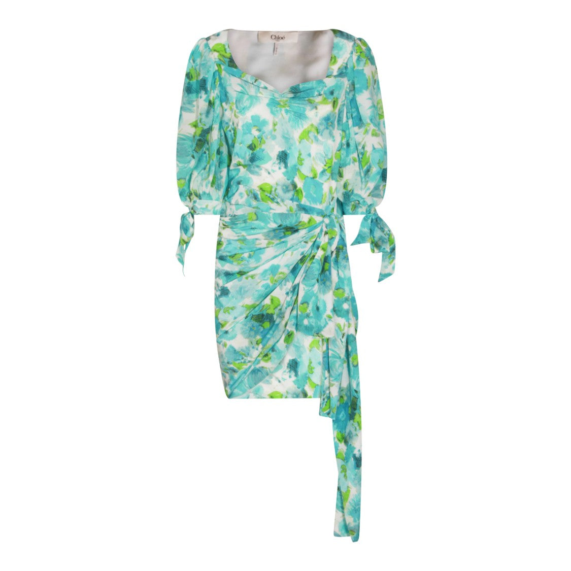 Chloé Floral Print Silk Dress With Draped Asymmetrical Skirt