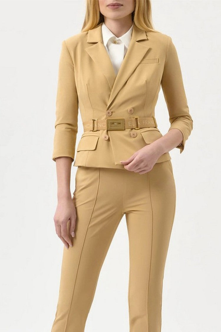 Elisabetta Franchi Camel Belted Double-Breasted Polyamide-Blend Jacket