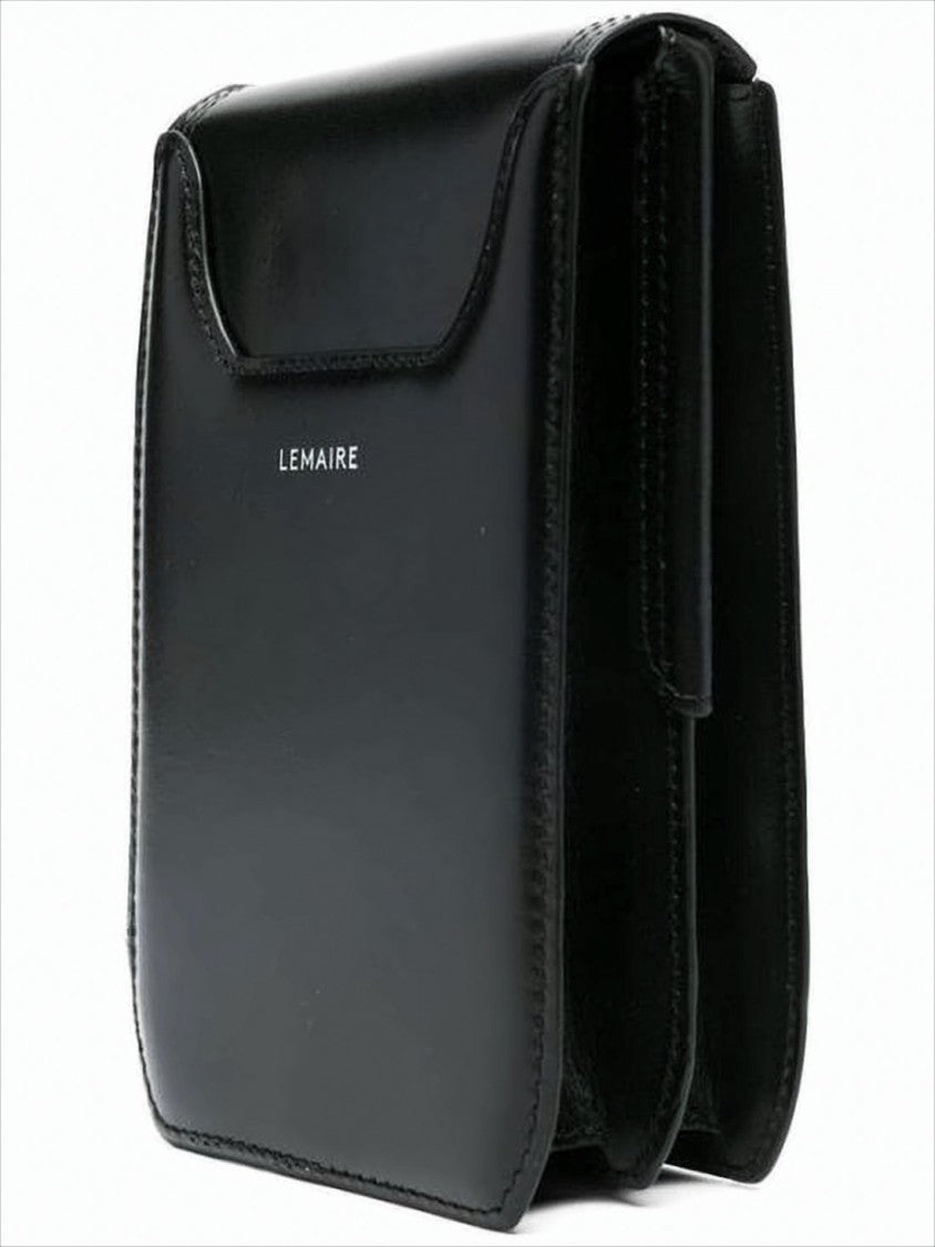 Lemaire Structured Black Leather Shoulder Bag With Flap Closure