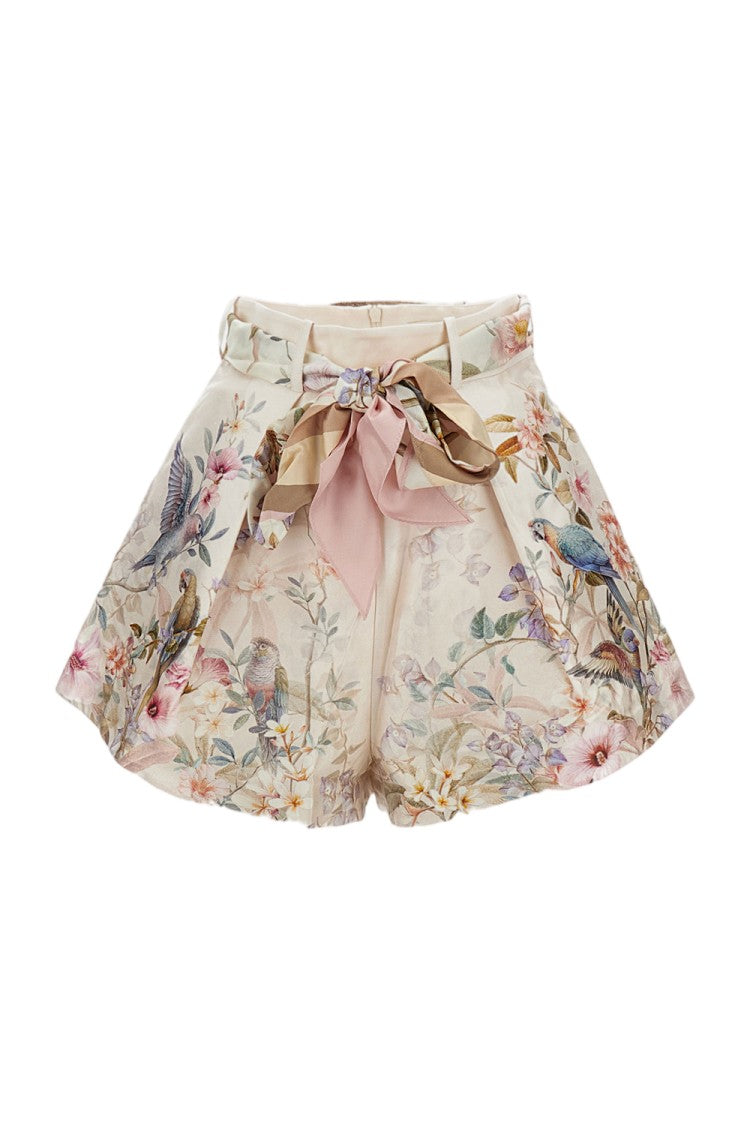 Zimmermann Floral Print Silk-Cotton Blend Tuck Shorts With Removable Scarf Belt