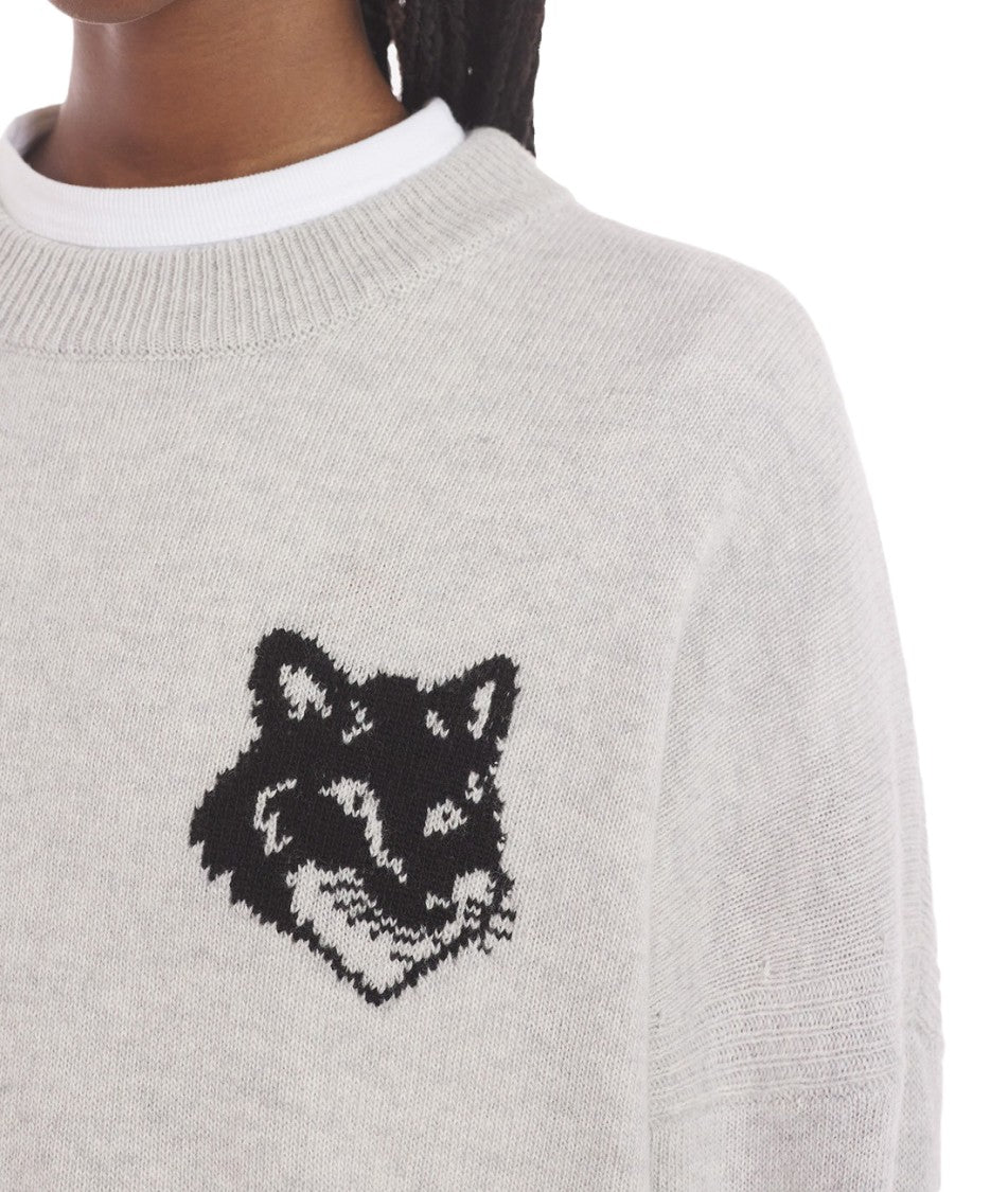 Maison Kitsuné Relaxed Fit Grey Wool Sweater With Iconic Fox Motif