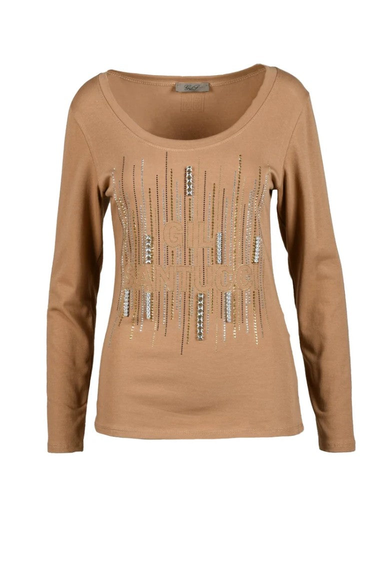 Gil Santucci Beige Metallic Stretch Cotton T-Shirt