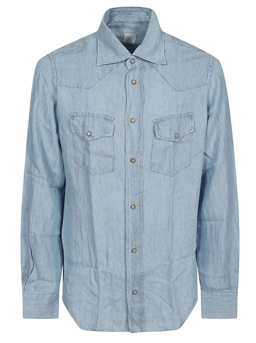 Eleventy Texas Denim Shirt With Snap Button Closure And Chest Pockets