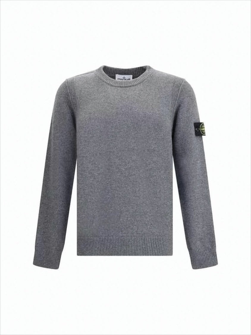 Stone Island Classic Crew Neck Grey Sweater With Ribbed Cuffs And Emblem Patch