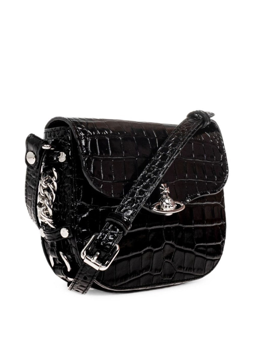Vivienne Westwood Crocodile-Embossed Handbag With Silver Emblem And Adjustable Strap