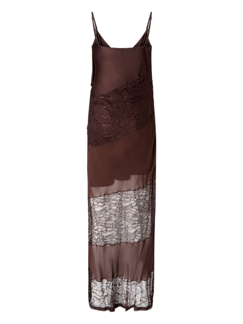 Pinko Brown Dress With Textured Panels And Intricate Detailing
