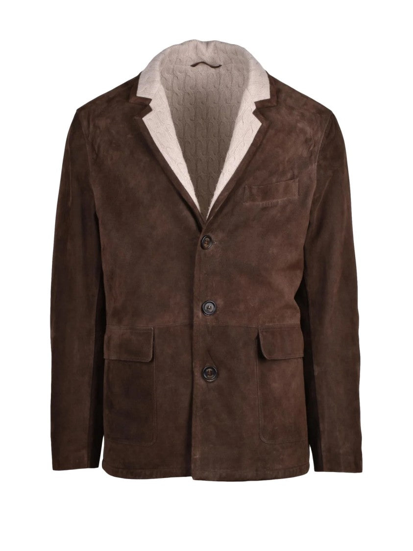 Eleventy Rich Brown Suede Jacket With Wool Lining And Button Closure