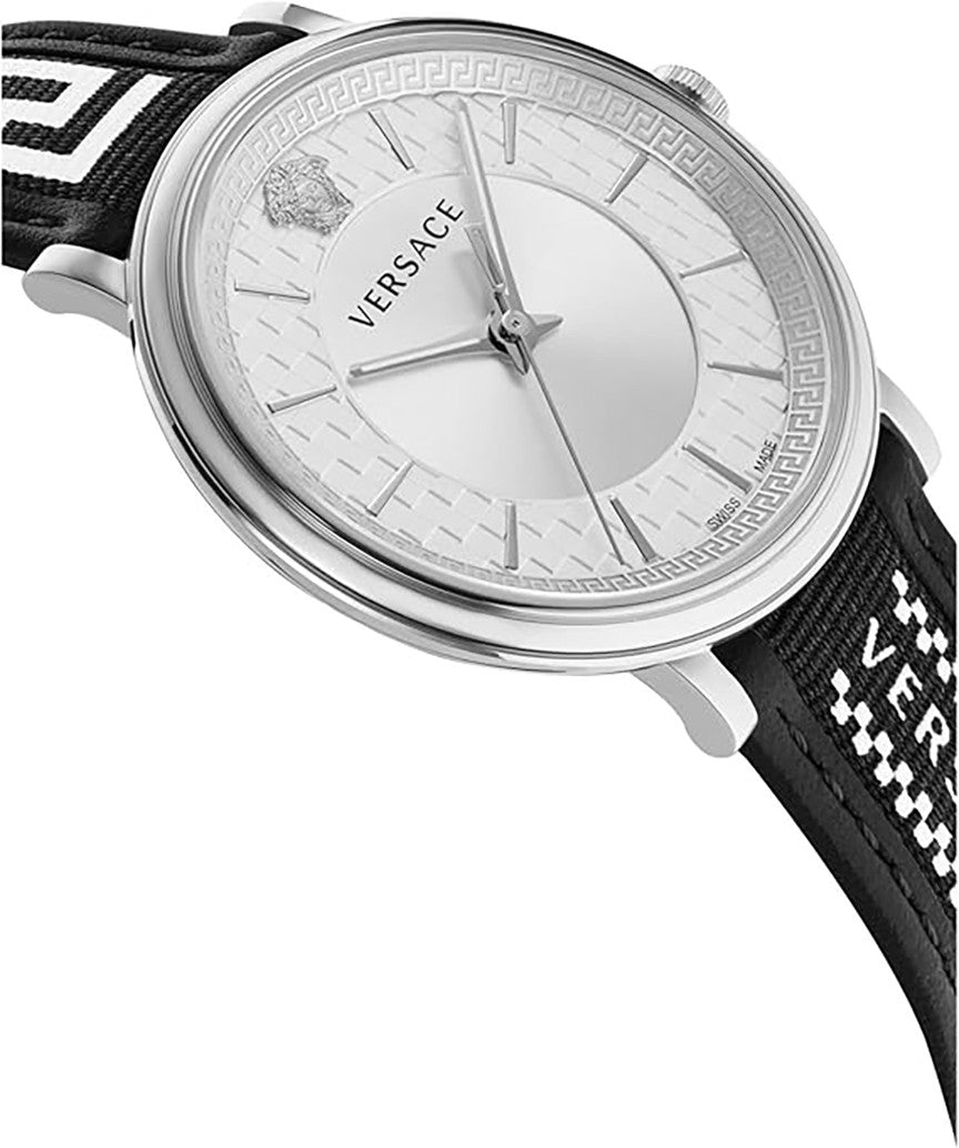 Versace V-Circle 42Mm Quartz Watch With Black Leather Strap