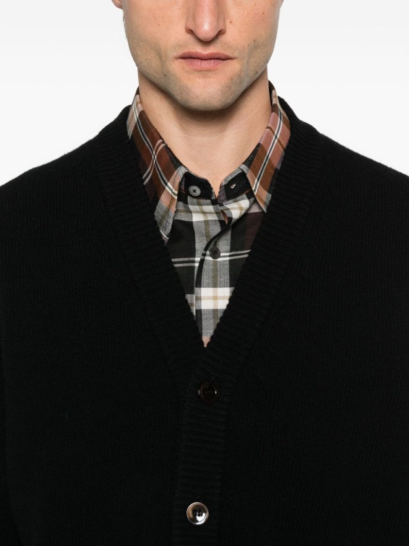 Seven Gauge Black Wool Cardigan With V-Neckline And Button-Down Front