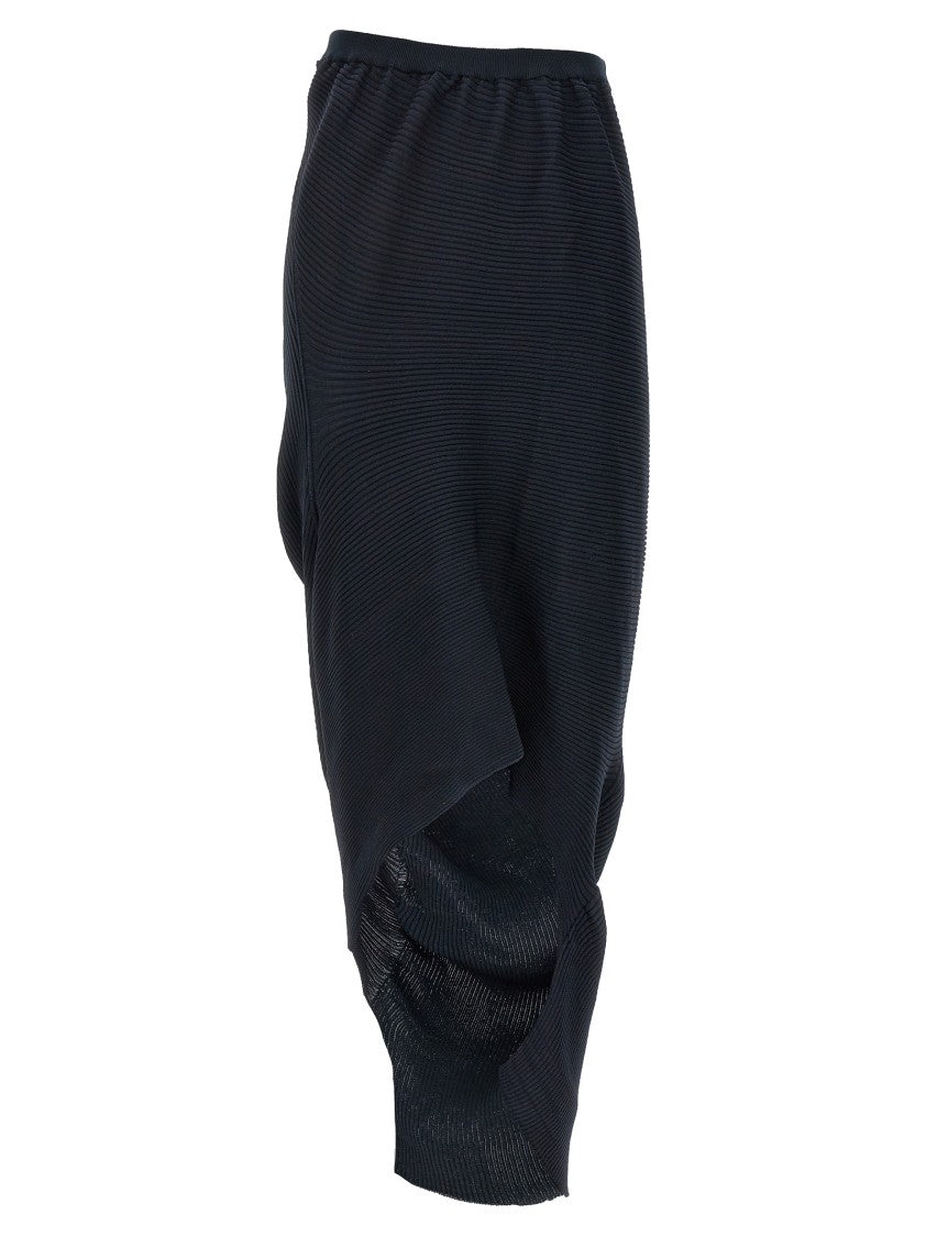 Issey Miyake Pleated Black Midi Skirt With Asymmetrical Silhouette And Draped Details