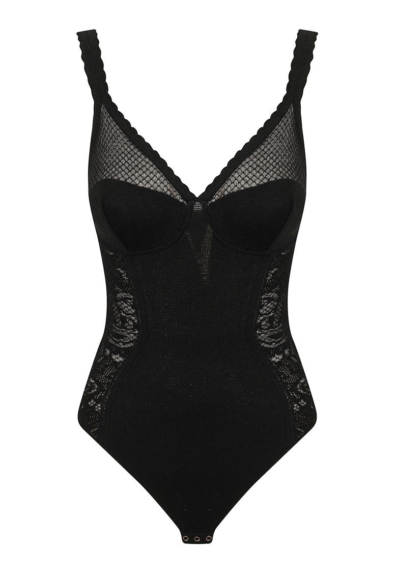 Elisabetta Franchi Fitted Sheer Mesh Lace Insert Knit Bodysuit