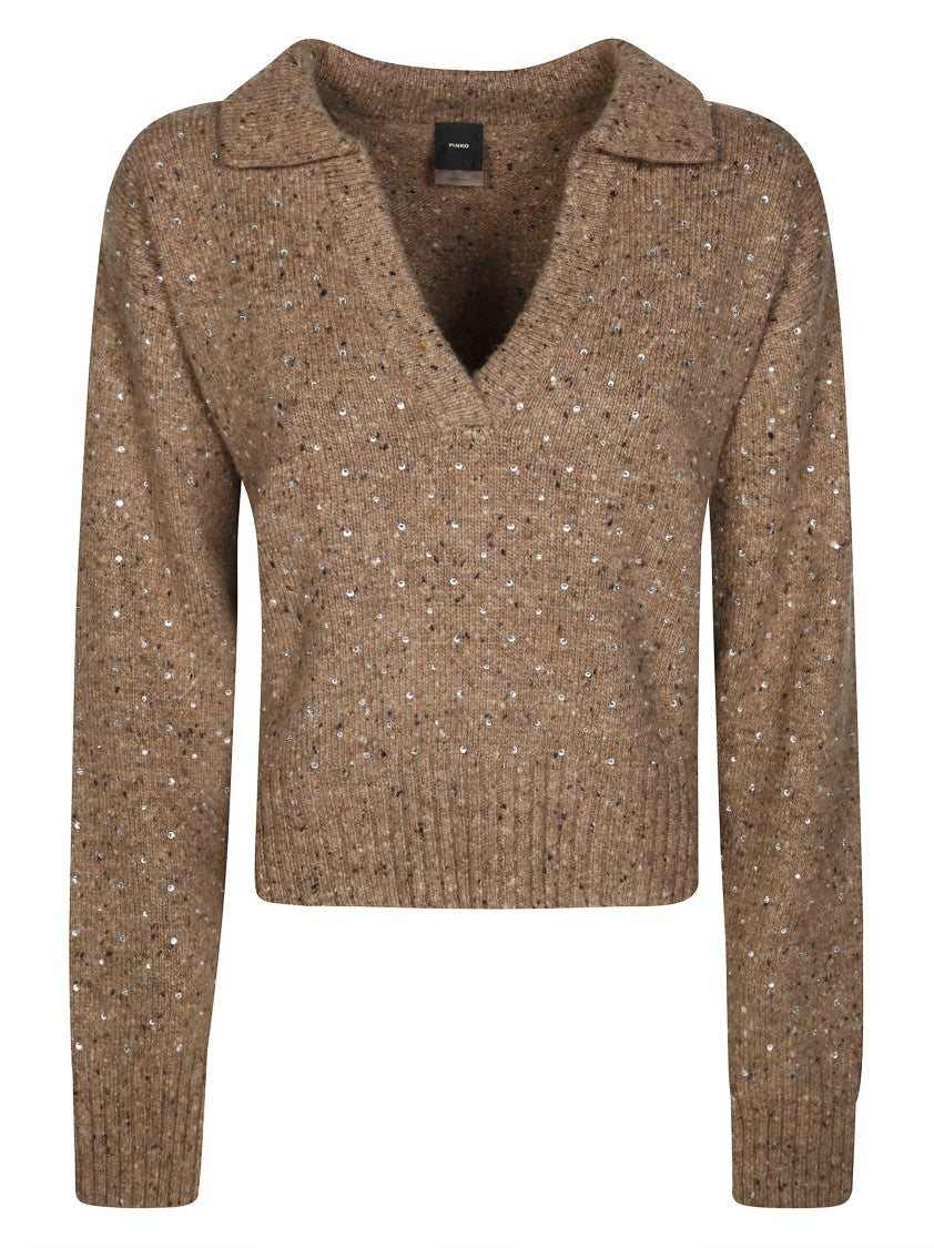 Pinko Cropped Boucle Knit Sweater With V-Neck