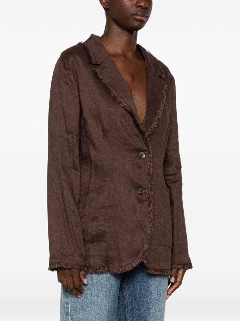 Parosh Brown Textured Linen Notched Collar Relaxed-Fit Blazer