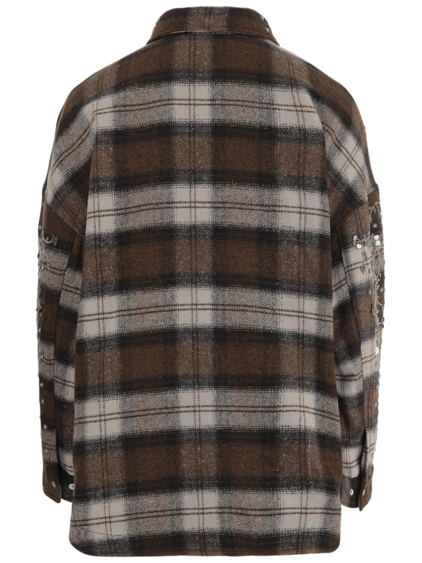 Novelle Floral Embroidered Check Pattern Shirt Jacket