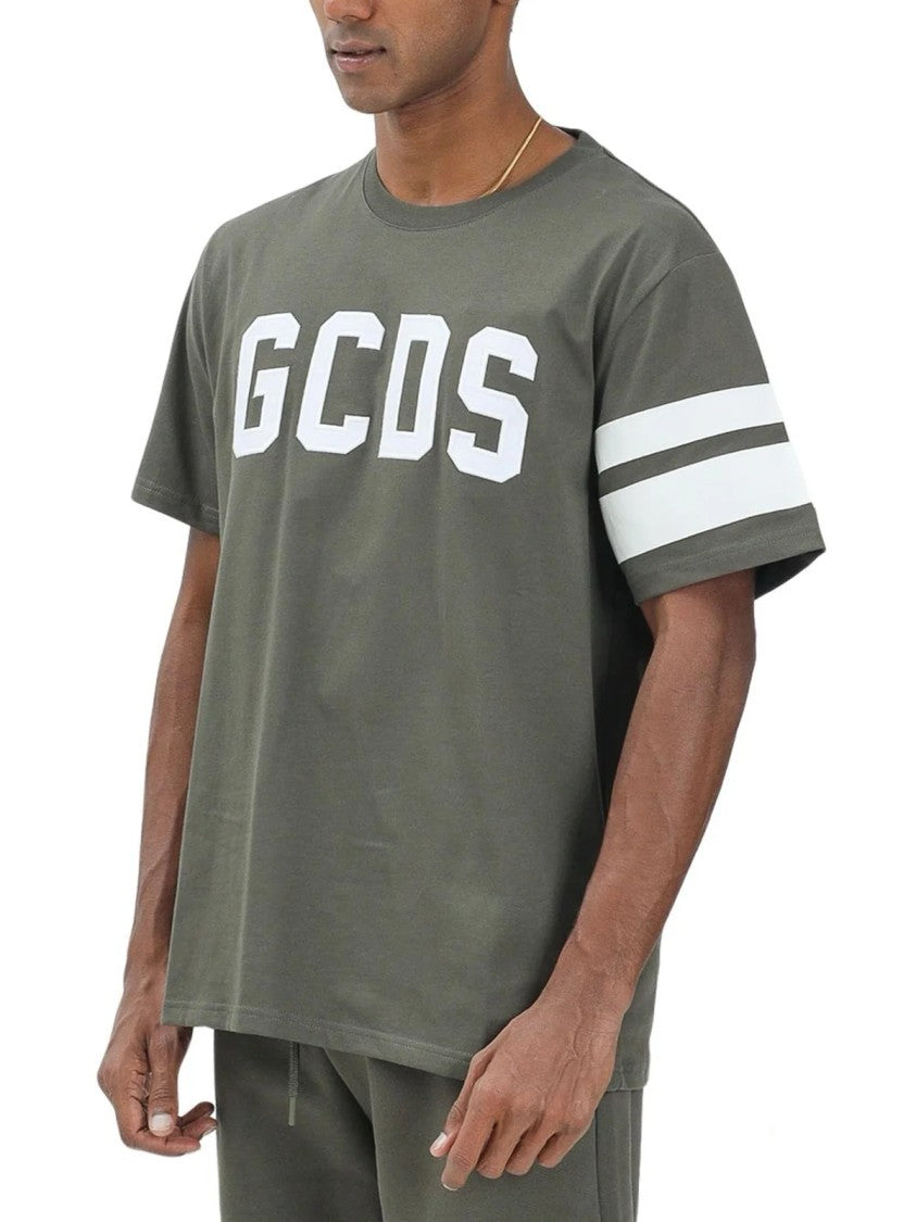 Gcds Military Green Cotton T-Shirt With Bold Logo And Striped Sleeves