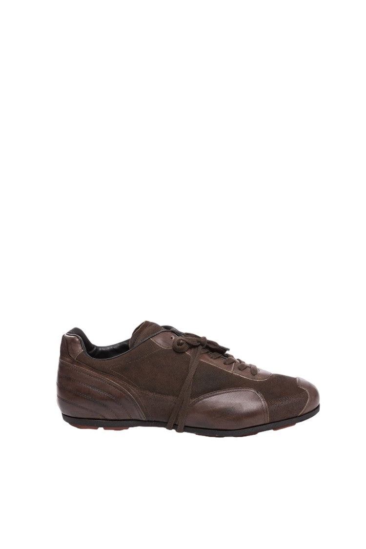 Pantofola D'oro Brown Canvas Greased Leather Hand-Stitched Sneakers