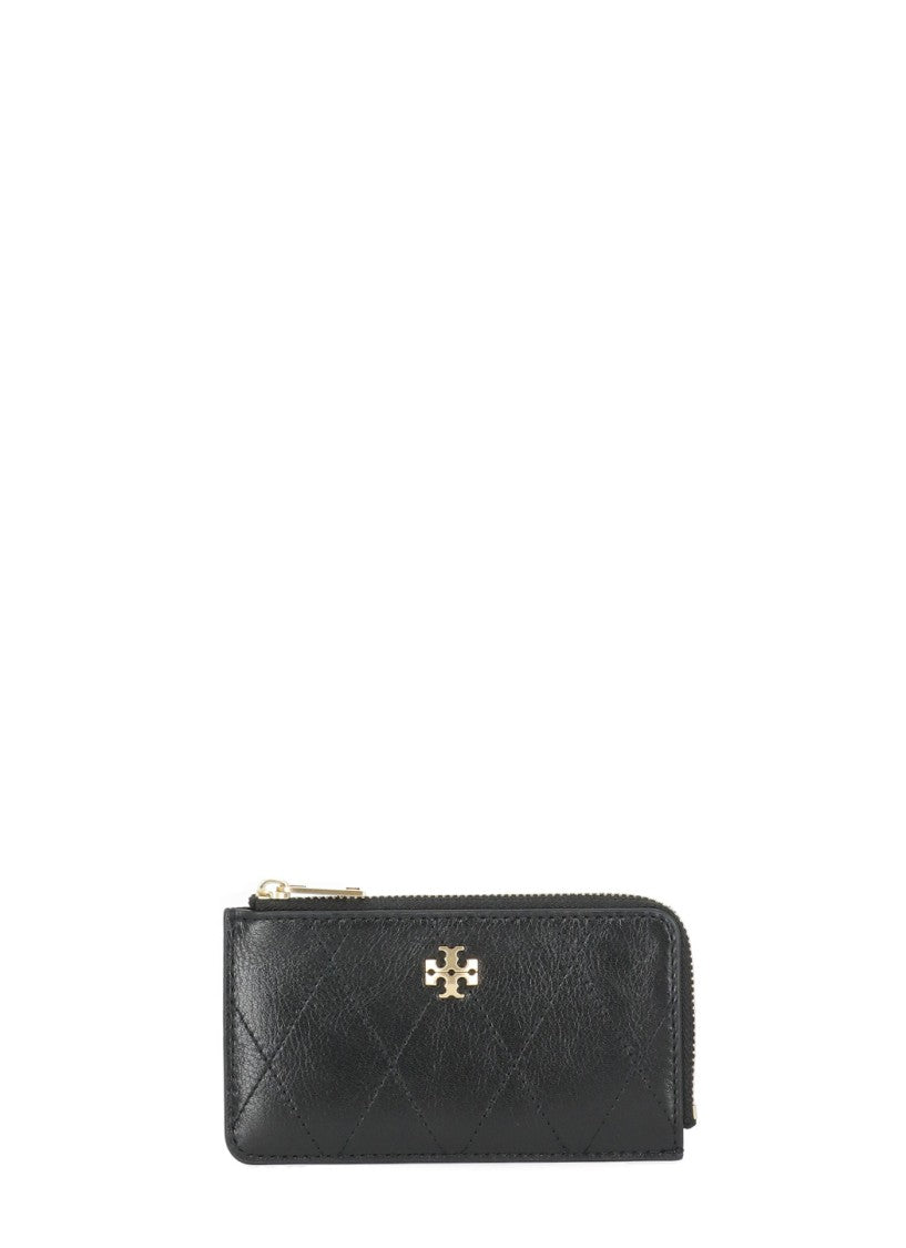 Tory Burch Black Quilted Leather Gold Logo Card Holder