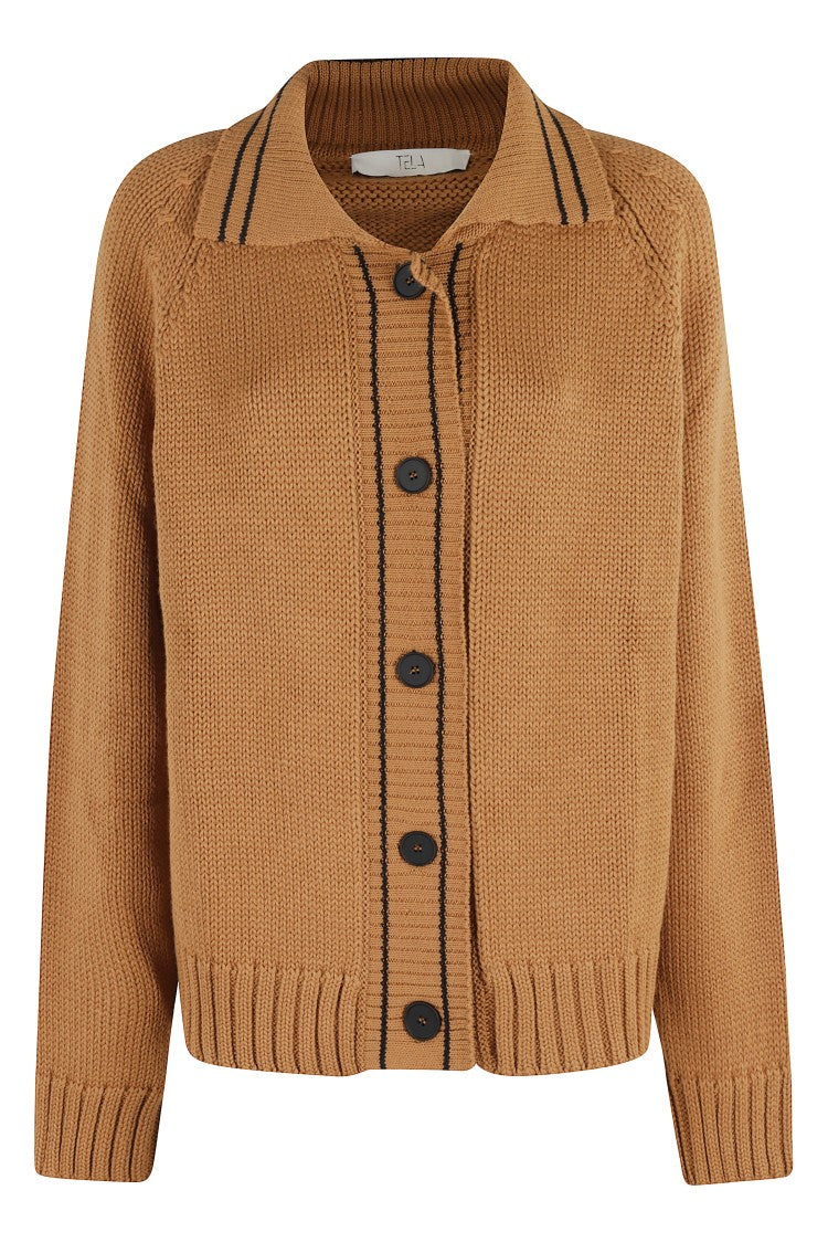 Tela Violet Cardigan With Polo Collar And Button Closure