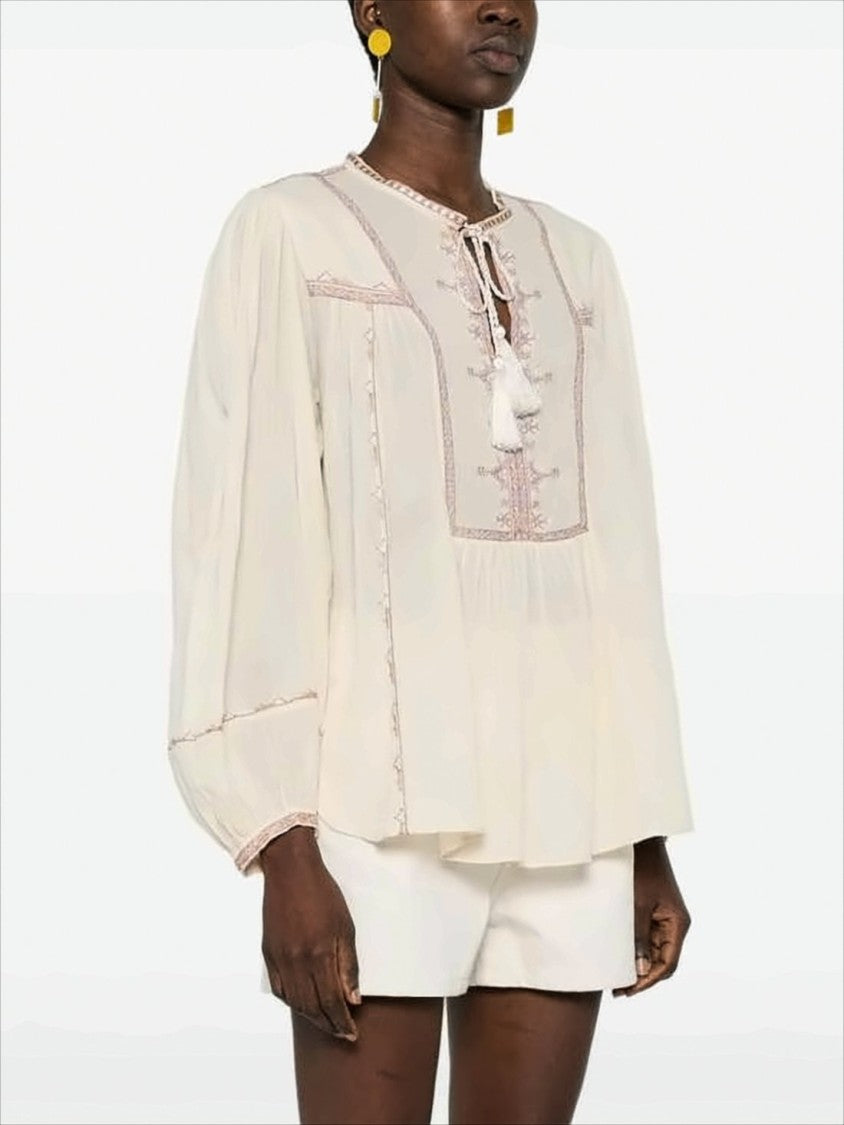 Isabel Marant Geometric Embroidered Cotton Blouse With Puffed Sleeves