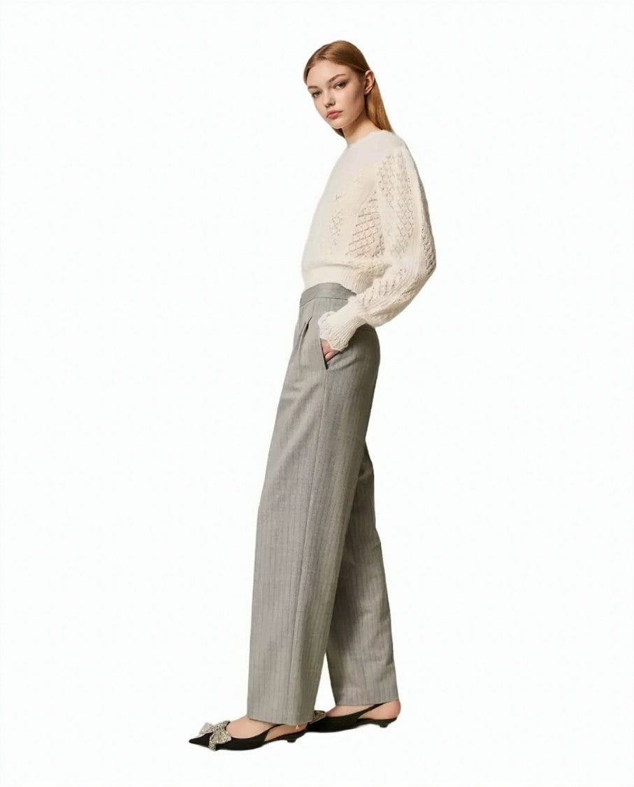Twin-Set Gray Pinstripe Wool-Blend Overlapping Waistband Straight-Leg Pants