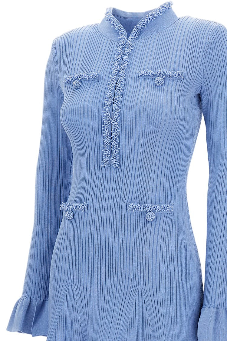Self-Portrait Ribbed Midi Dress With Pearl Trim And Flared Sleeves