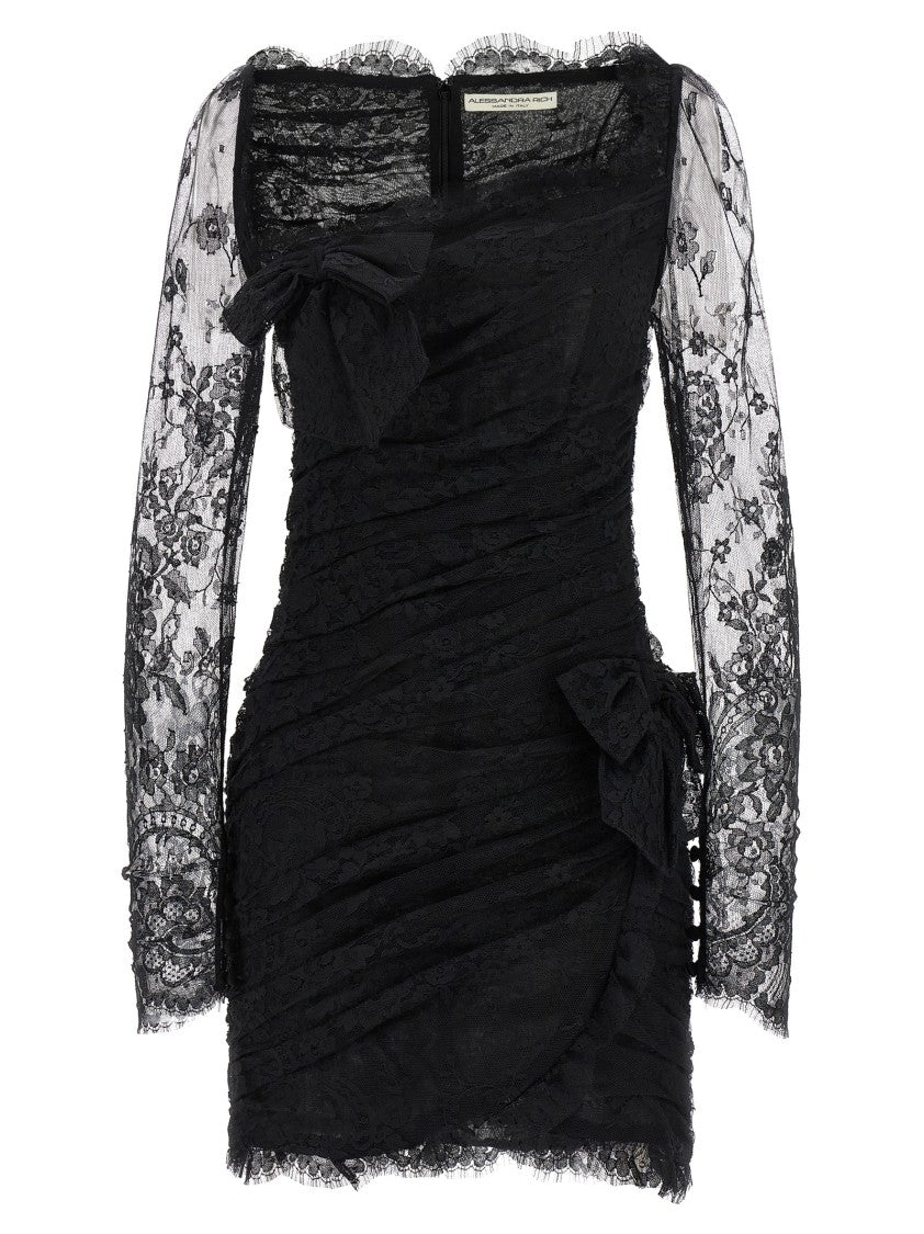 Alessandra Rich Draped Lace Mini Dress With Plunging Neckline And Transparent Sleeves