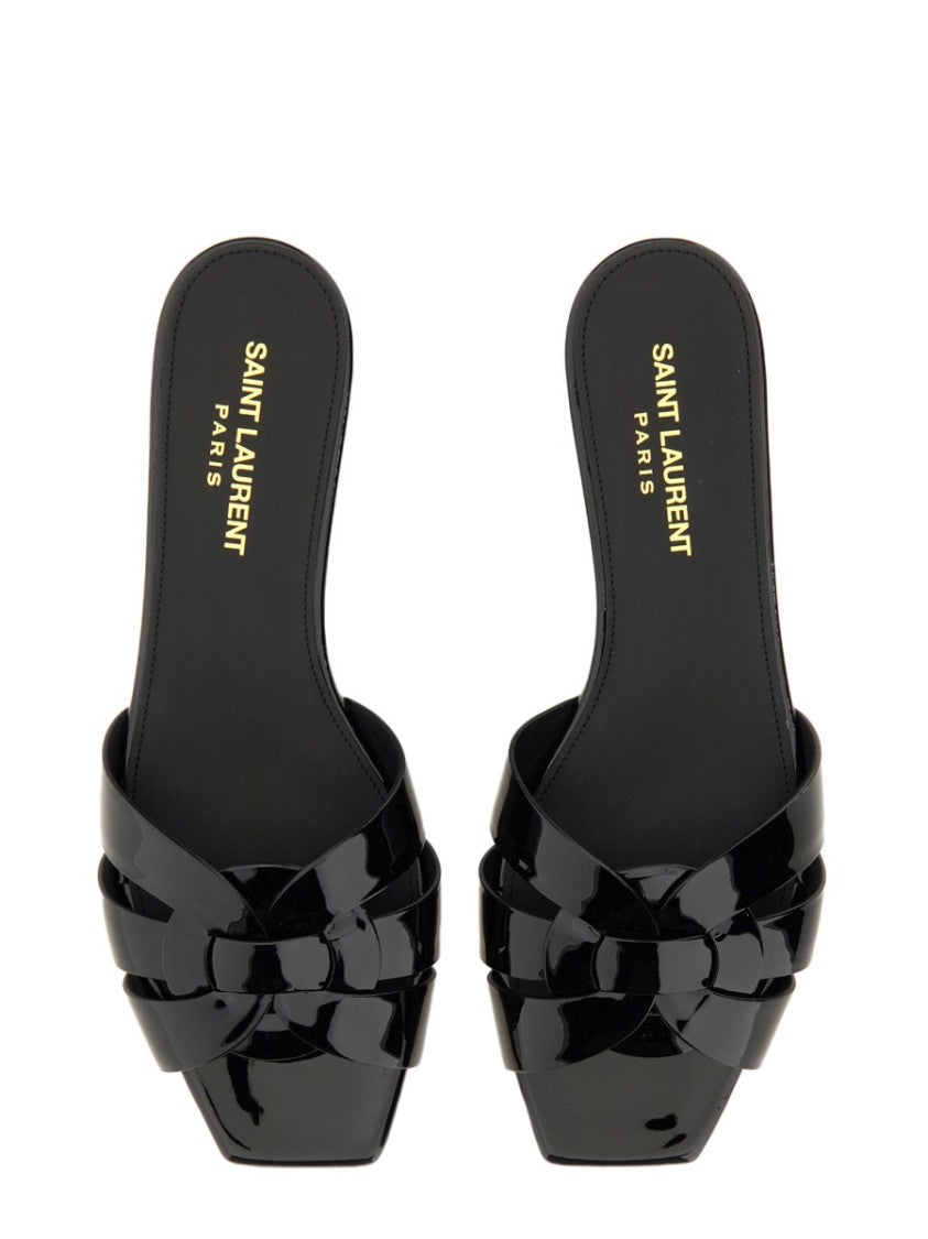 Saint Laurent Black Glossy Calfskin Flat Tribute Sandals