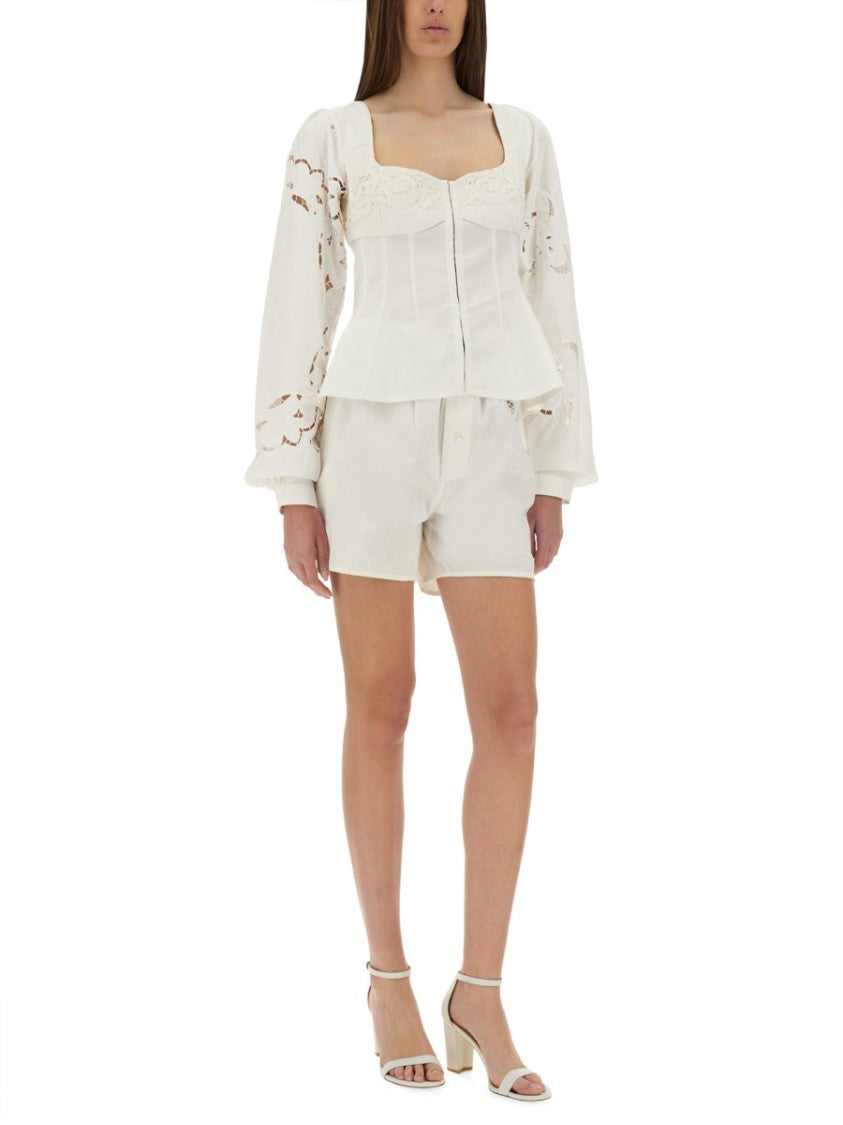 Marine Serre Fitted White Top With Square Neckline And Floral Embroidery