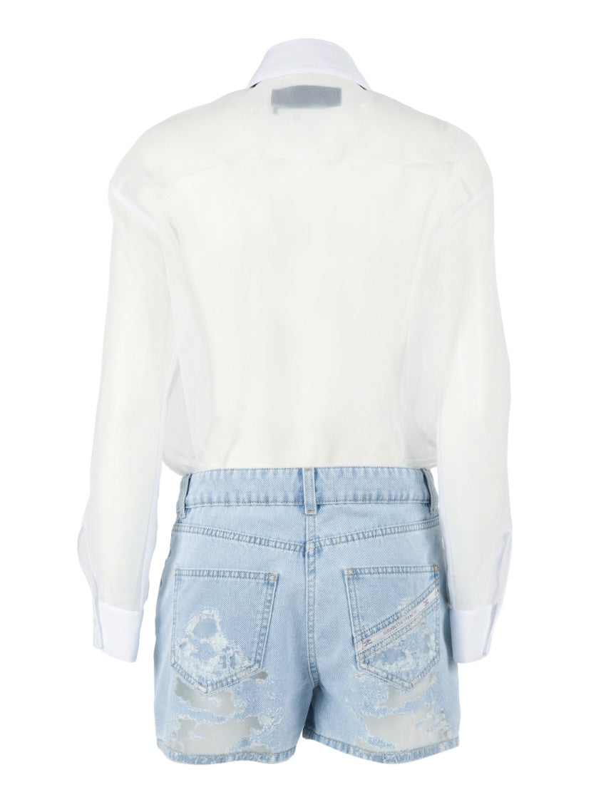 Elisabetta Franchi White Blouse Distressed Denim Jumpsuit