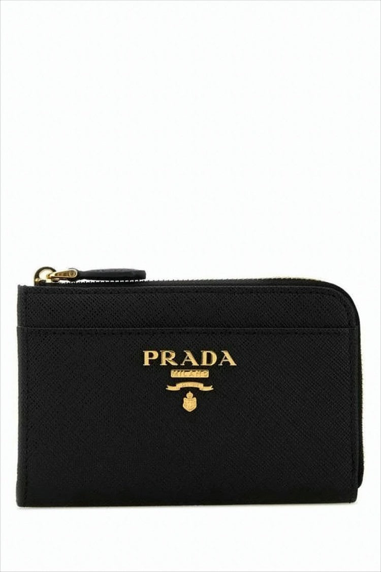 Prada Textured Cow Leather Zip-Around Wallet With Gold Emblem