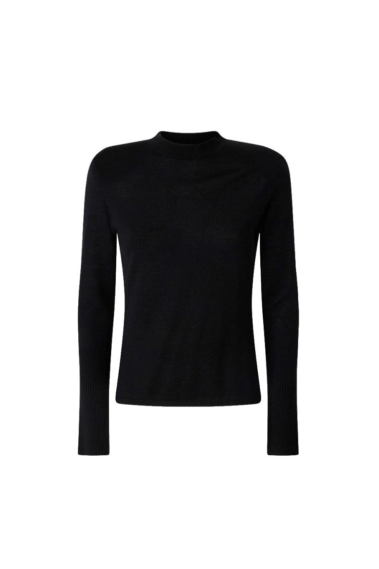 Pinko Black Wool Ribbed-Cuff Mock-Neck Sweater