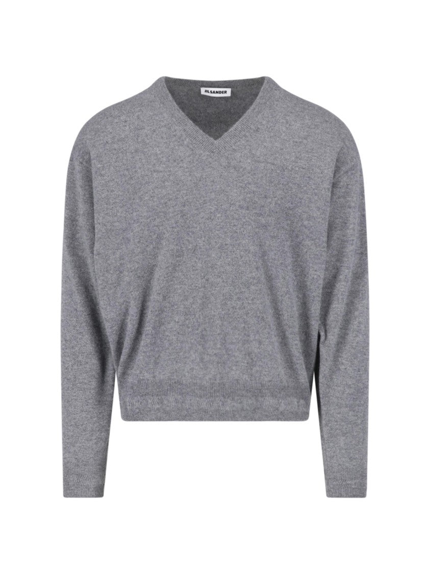 Jil Sander Grey Cashmere V-Neck Sweater