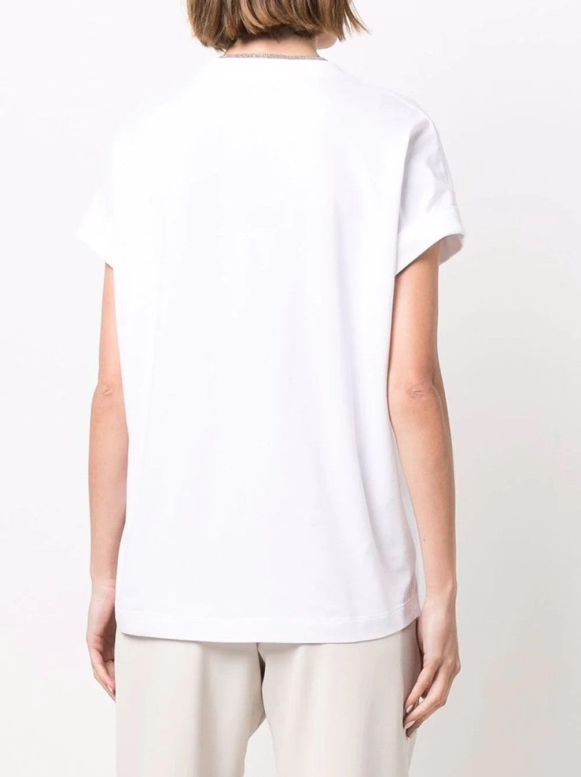 Brunello Cucinelli V-Neck Top With Rolled Sleeves And Metallic Trim