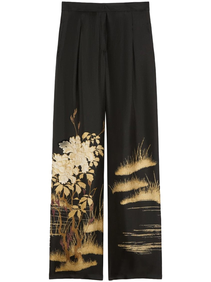 Max Mara Wide-Leg Trousers In Black Silk With Nature-Inspired Print