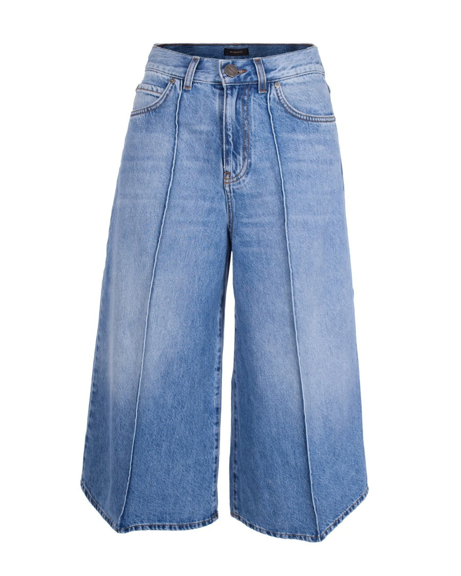 Pinko Stone Wash Wide-Leg Frayed Denim Shorts