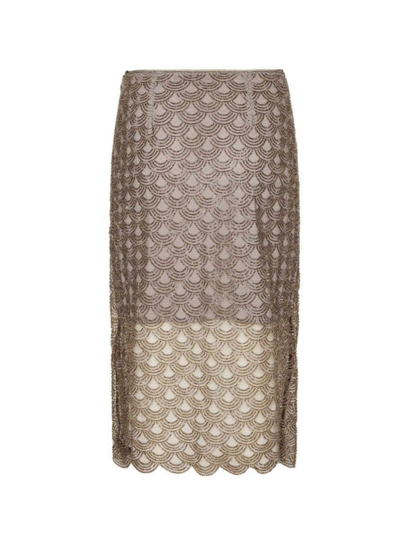 Rotate Taupe Sequined Midi Skirt With Scallop Trim