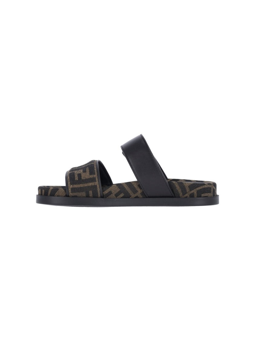 Fendi Brown Feel Embossed Logo Slide Sandals