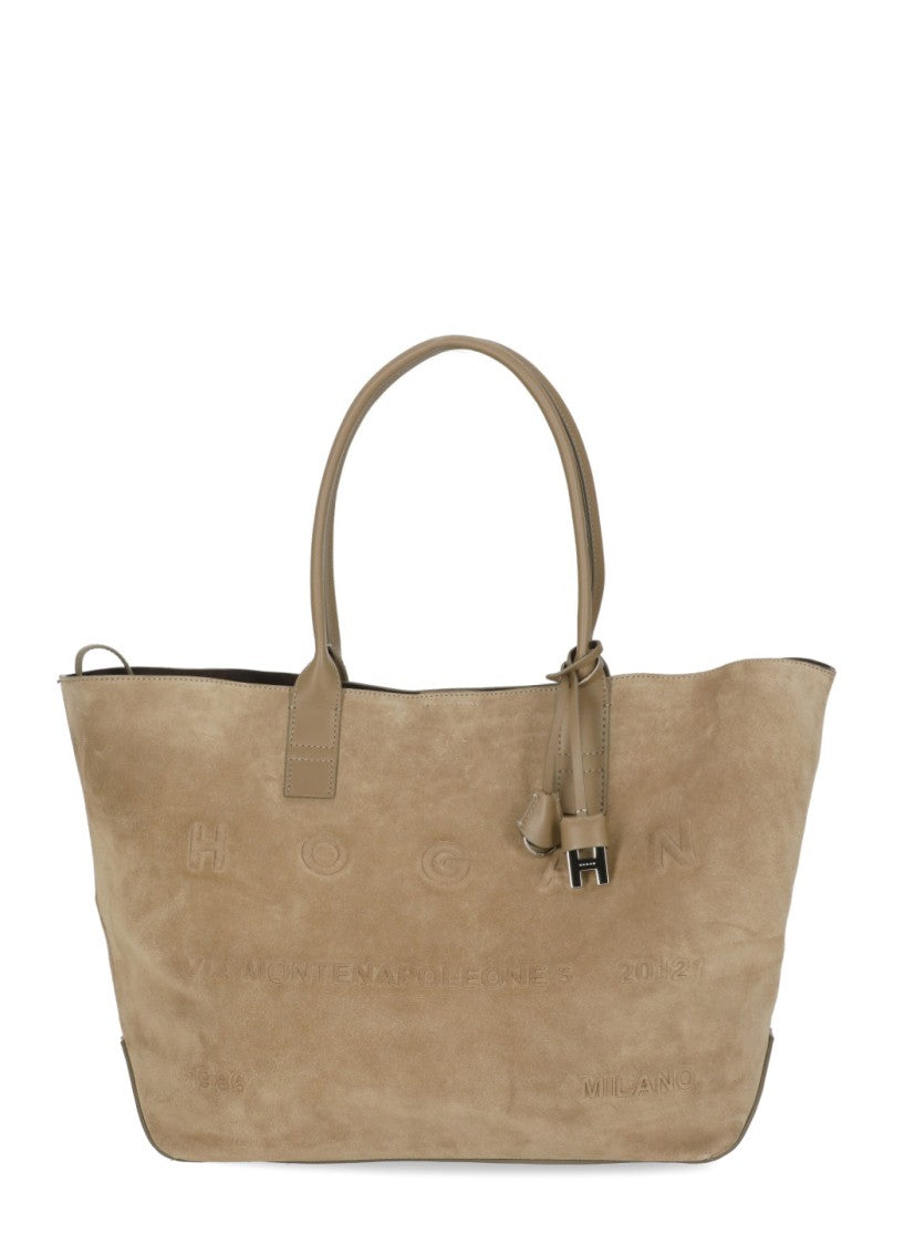 Hogan Beige Suede Leather Tote Bag With Embossed Logo