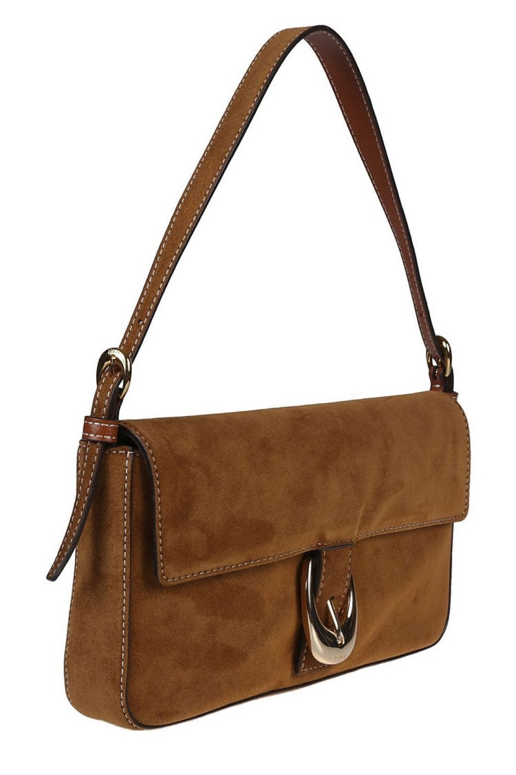 Staud Brown Suede Harlow Bag With Adjustable Handle And Flap Closure
