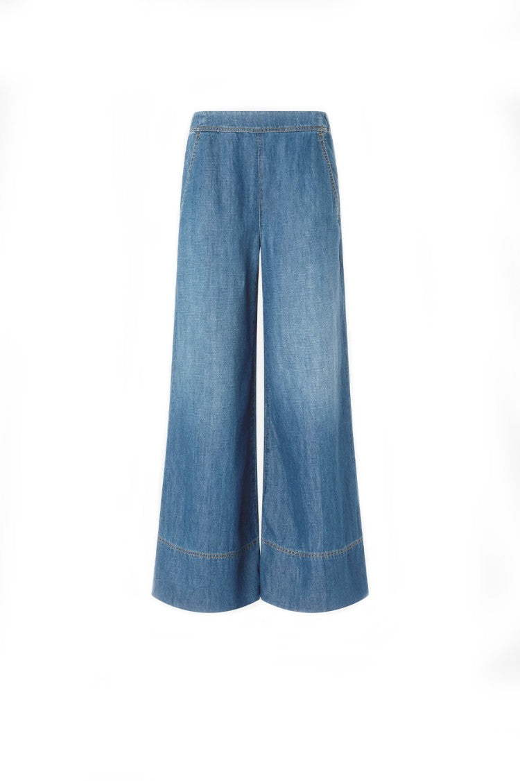 Pinko Blue Cuffed Contrast-Stitched Cotton-Linen Wide-Leg Pants