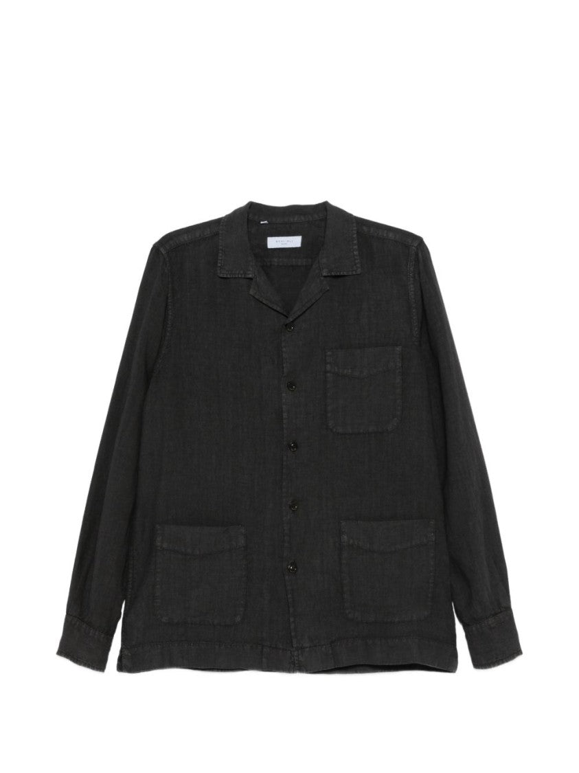 Boglioli Relaxed Fit Black Linen Shirt With Classic Collar And Functional Pockets