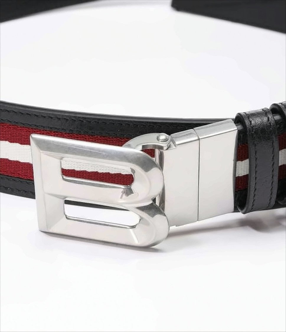 Bally Black Leather Belt With Striped Fabric Inlay