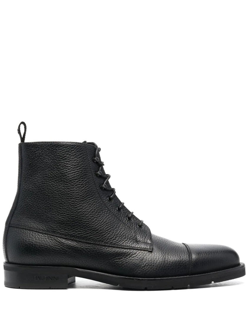 Baldinini Lace-Up Black Leather Ankle Boots With Textured Upper And Side Zipper