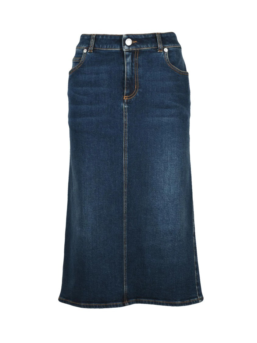 Alexander Mcqueen Blue Stretch Denim Zip Midi Skirt