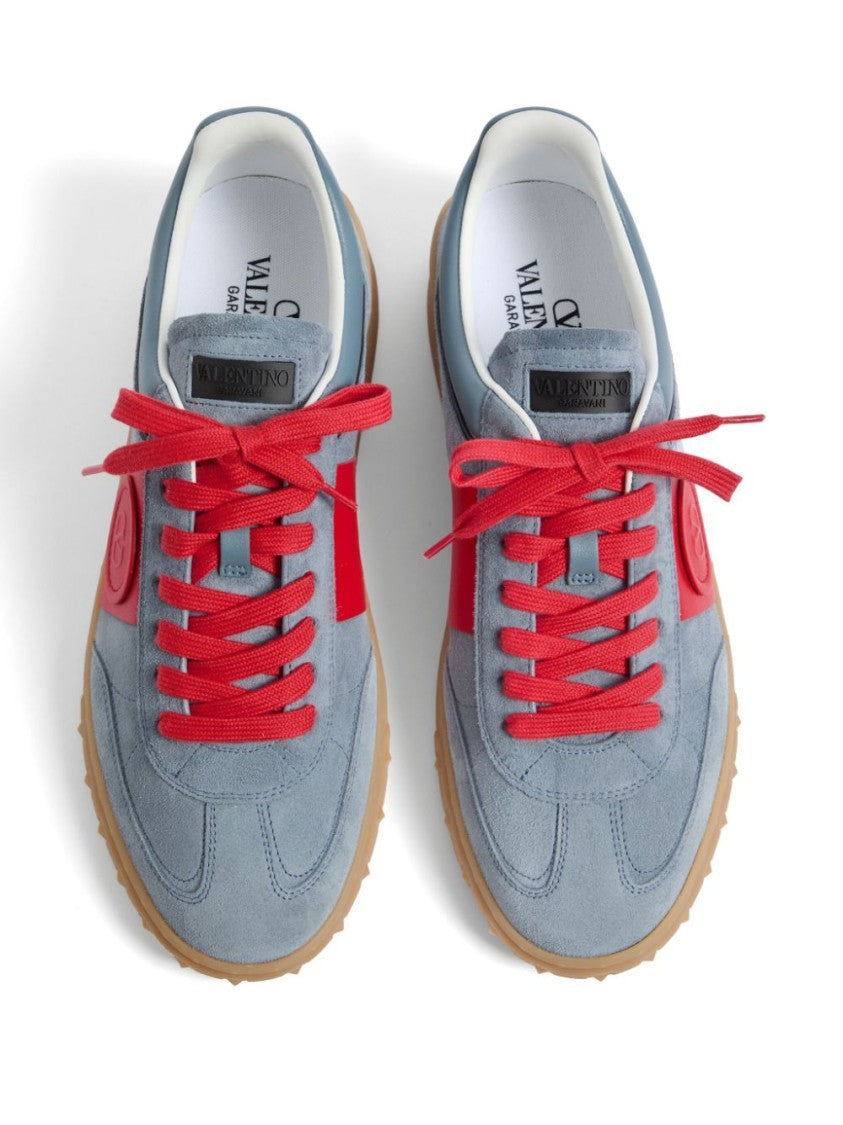 Valentino Garavani Powder Blue And Bright Red Calf Suede Sneakers