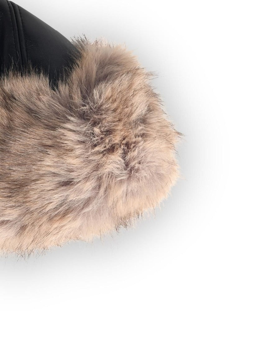 Stand Studio Plush Black Hat With Beige Faux Fur Trim