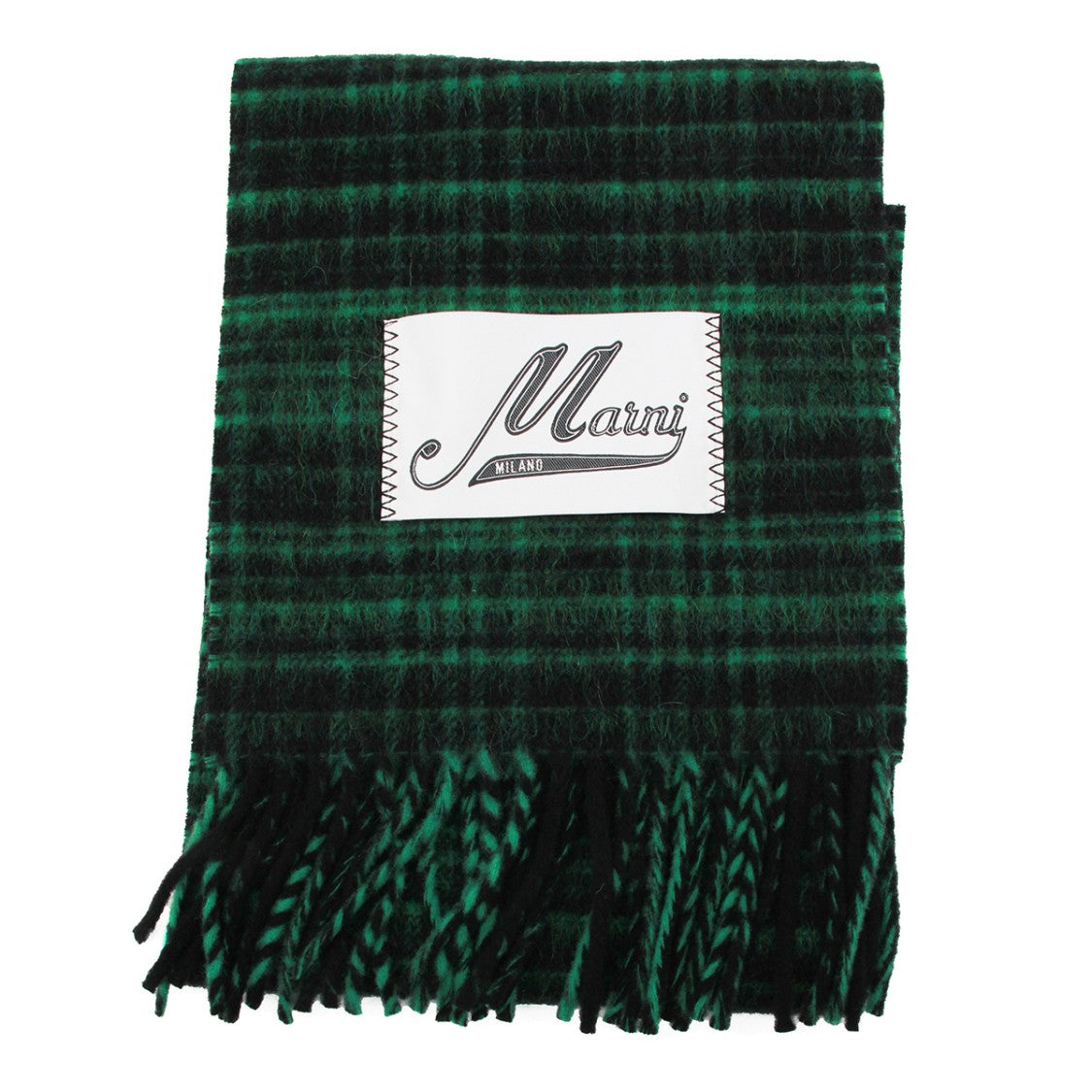 Marni Rectangular Check Pattern Wool Scarf With Logo Patch