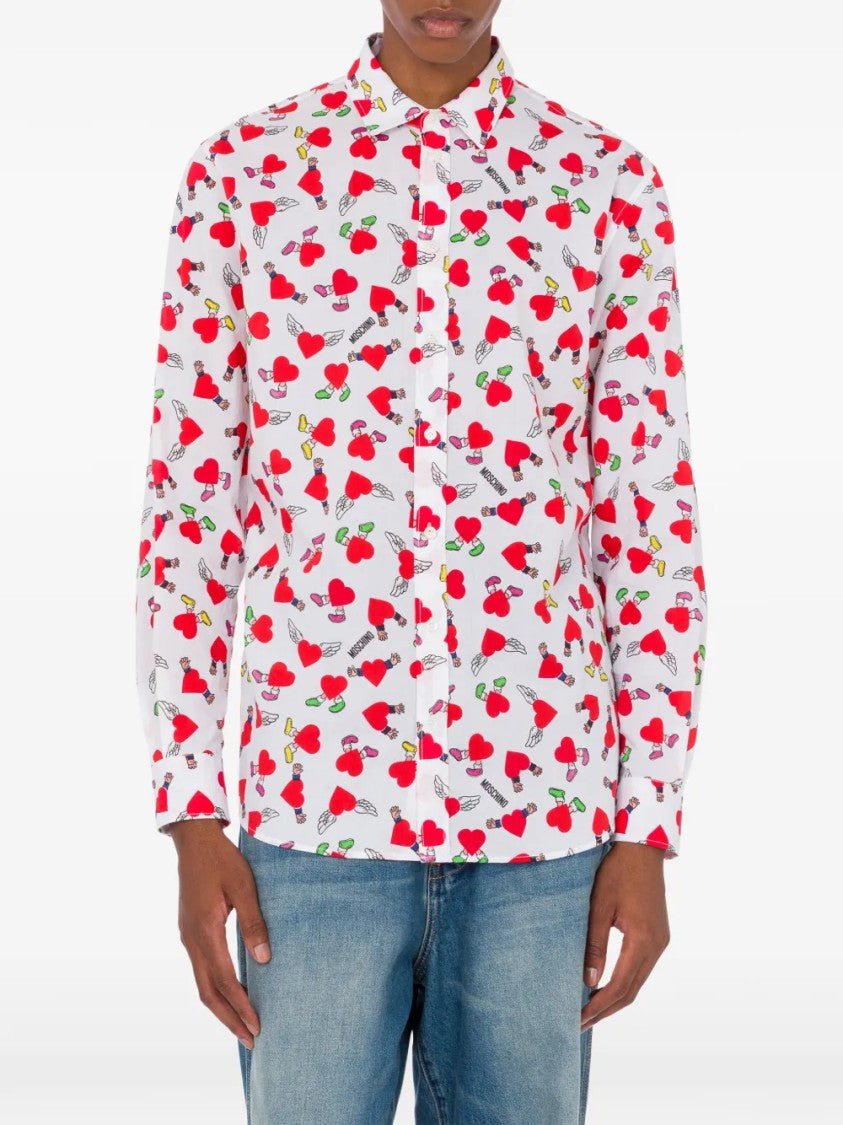 Moschino Long-Sleeve Button-Up Shirt With Playful Heart And Cherry Print
