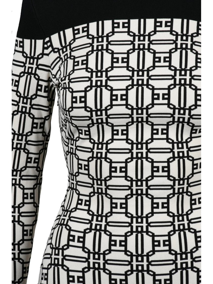 Elisabetta Franchi Black/White Geometric Viscose-Blend Knit Dress